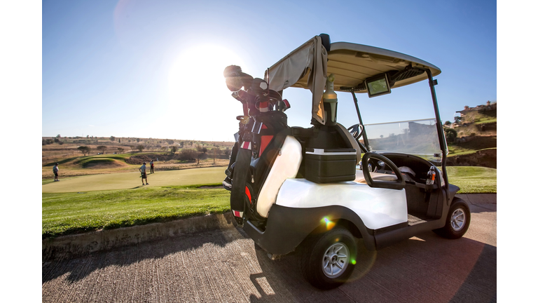 Golf Cart On Road By Field Against Clear Sky