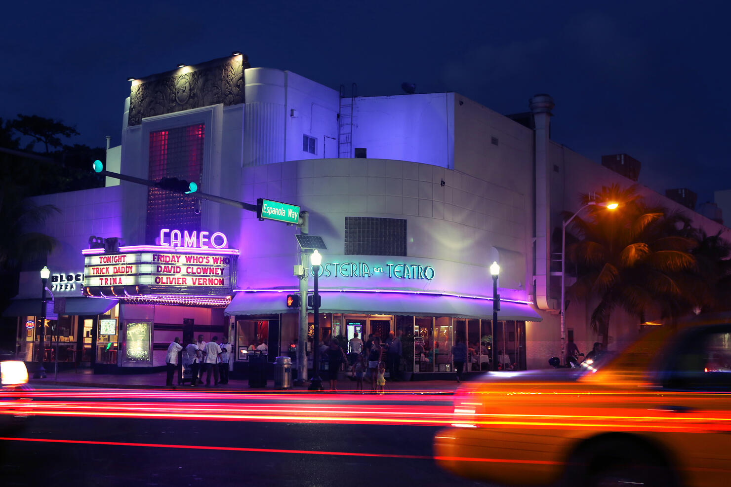 View from across the street of the Cameo Theater at Washington Avenue, South Beach, Florida, at night