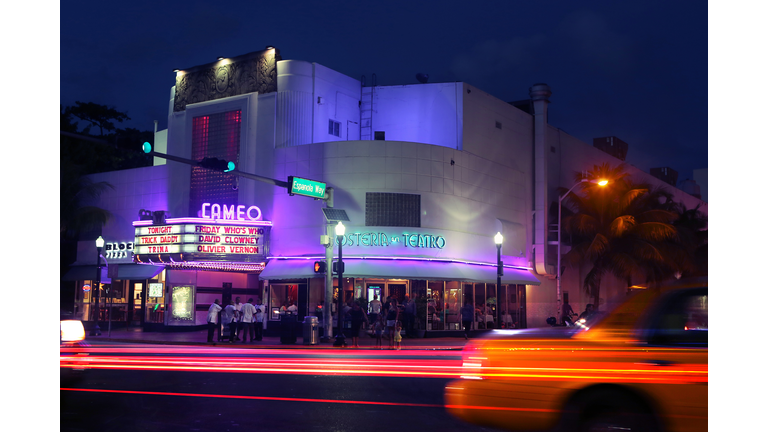 View from across the street of the Cameo Theater at Washington Avenue, South Beach, Florida, at night