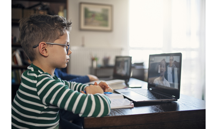 Little boys attending to online school class.