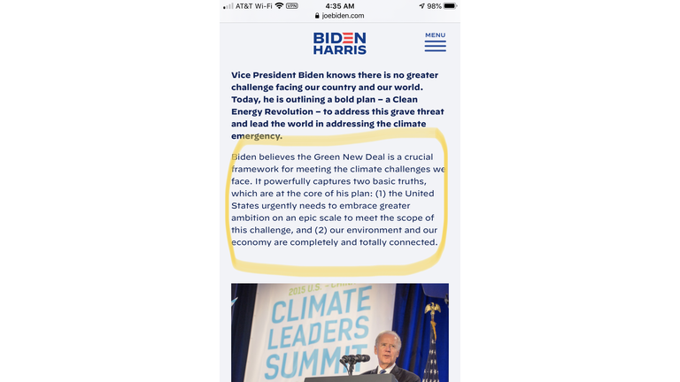 Biden's Website Has Him Supporting The Green New Deal