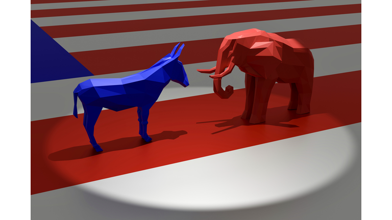 Democratic Blue Donkey and Republican Red Elephant in Spotlight on Top of American Flag
