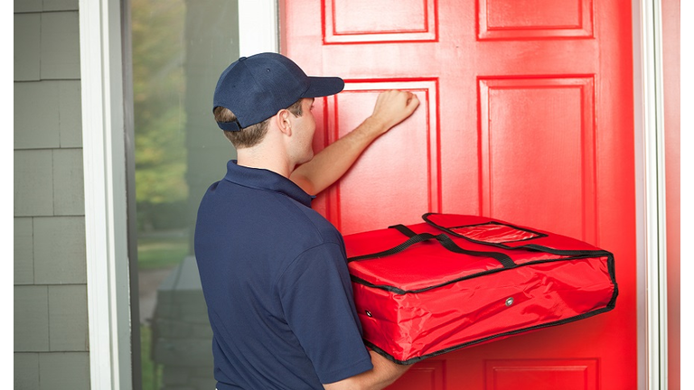 Pizza Delivery Man Delivering Food Package to Customer's Door Hz