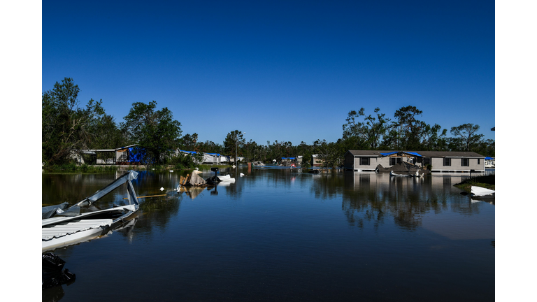 Houses are surrounded by flood waters after Hurricane Delta passed through the area on October 10, 2020 near Lake Charles, Louisiana.(Photo by Chandan Khanna/AFP via Getty Images)