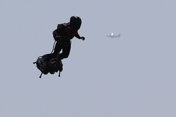 PICTURE GETTY IMAGES (Not a photo of the actual man in a jet pack recently spotted at LAX) French pilot Franky Zapata flies his Flyboard jetpack during the 2018 Red Bull Air Race WorldPhoto credit VALERY HACHE/AFP via Getty Images