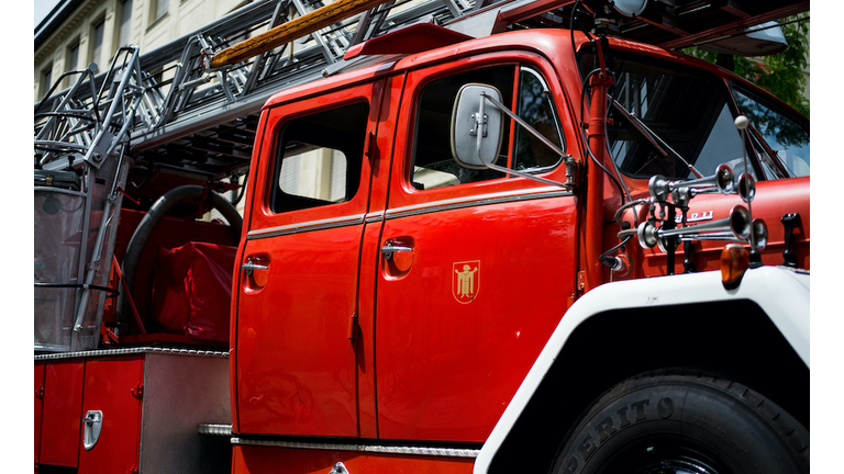 Low Angle View Of Fire Engine On Road