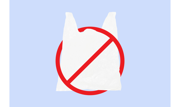 White transparent plastic bag with red ban sign with clipping path, environmental concept