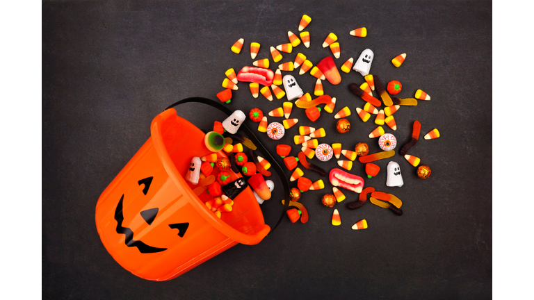 Halloween Jack o Lantern pail, top view with spilling candy