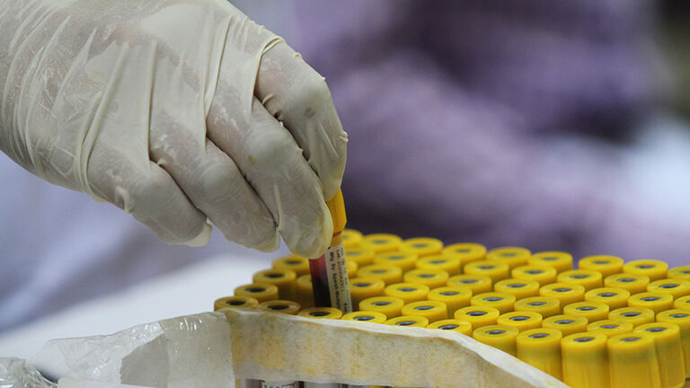 A health worker wearing protective gloves holds a vial of