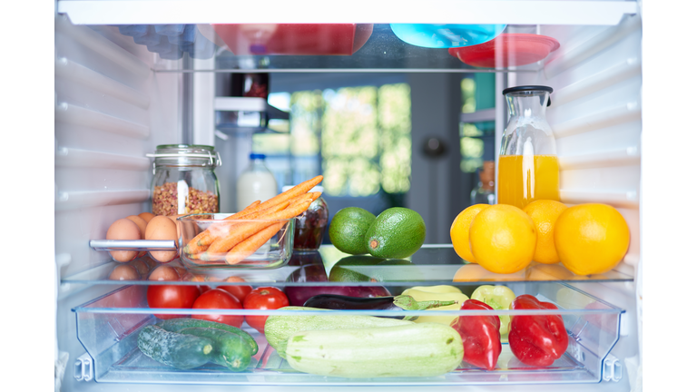 Opened fridge from the inside.