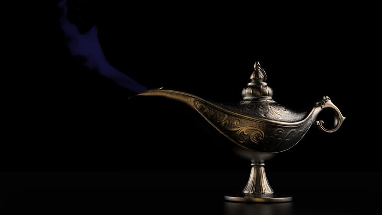 Genie in lamp with black bakcground and blue smoke 3d render