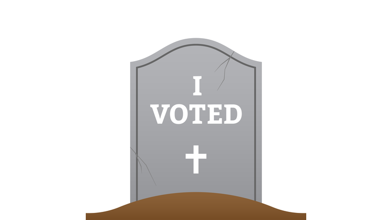 GETTY IMAGES: Gravestone with I VOTED headline.