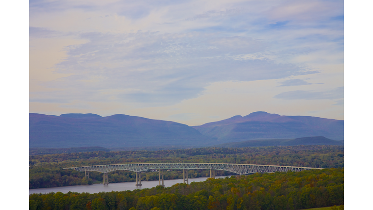 Kingston-Rhinecliff Bridge and Catskill Mountains in late autumn afternoon, Dutchess County, NY