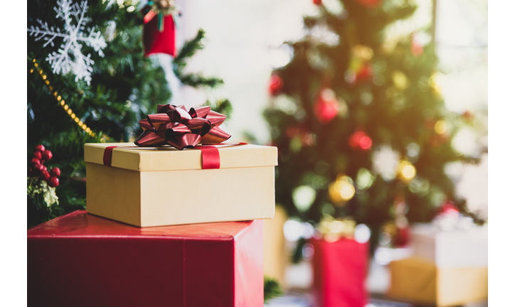 Christmas tree with gifts and decorations in living room