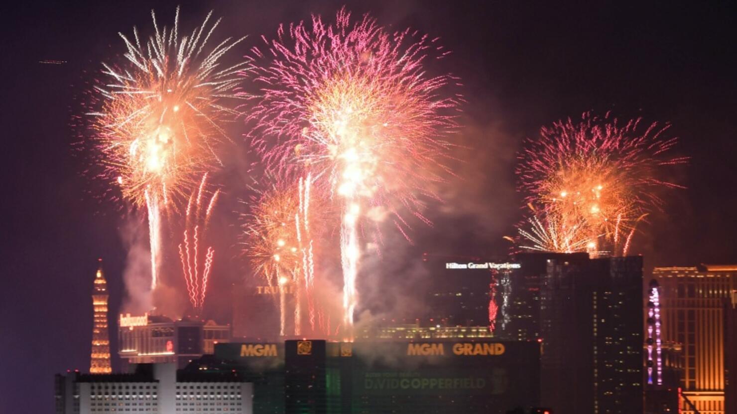 New Year Fireworks Light Up Over The Las Vegas Strip