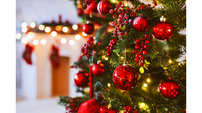 Red Christmas tree and fireplace decoration, Merry Christmas and Happy New year, red and white Christmas decor design, Christmas background