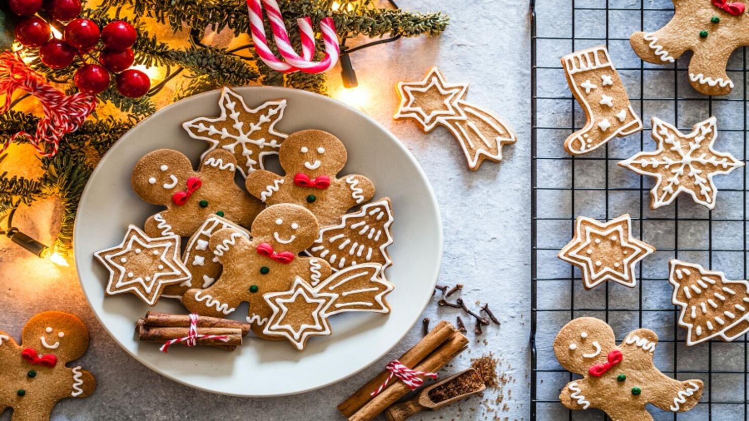 Homemade Christmas cookies on gray table