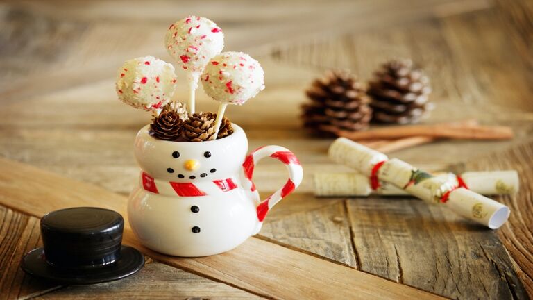 Peppermint Cake Pops in Snowman Mug