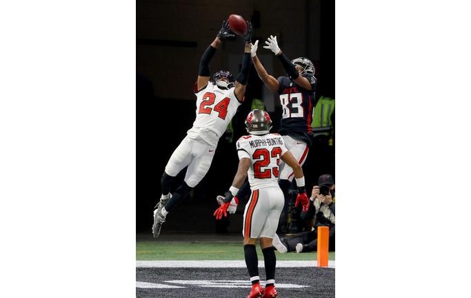 Carlton Davis of the Tampa Bay Buccaneers breaks up a pass in the end zone intended for Russell Gage.