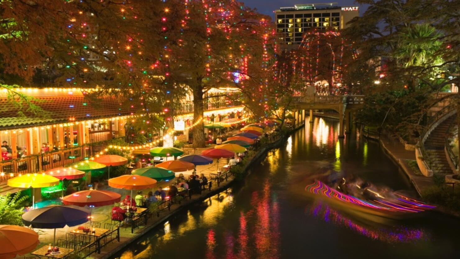 USA, Texas, San Antonio, Riverwalk, evening, elevated view
