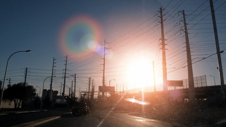 View from windscreen on the road at sunset, Las Vegas, Nevada