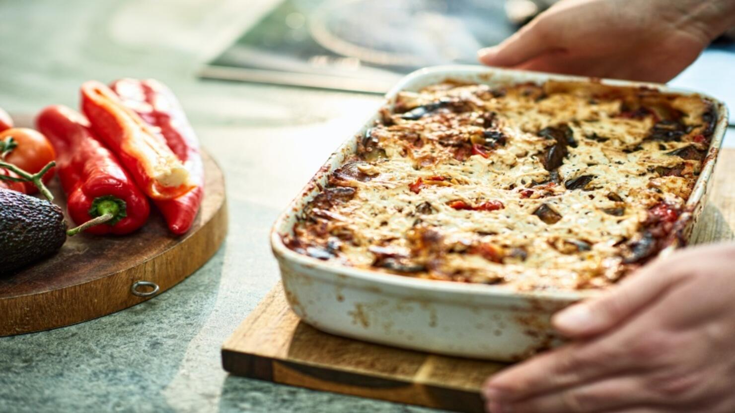 Close up of freshly made vegan lasagne