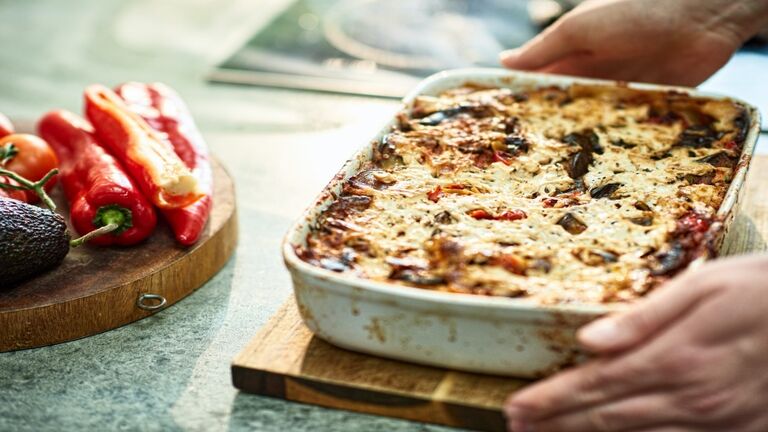 Close up of freshly made vegan lasagne