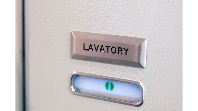 Vacant green sign, vacant symbol on an airplane lavatory door. Raised, brushed metal lavatory sign, recessed plastic vacant sign. Toilet room, wc, closet on airplane board