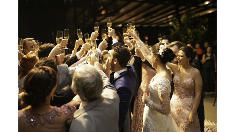 Bride, groom and wedding guests making a toast