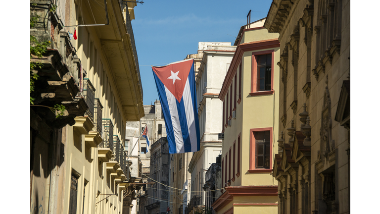 Street with Cuban flag in Havana, Cuba