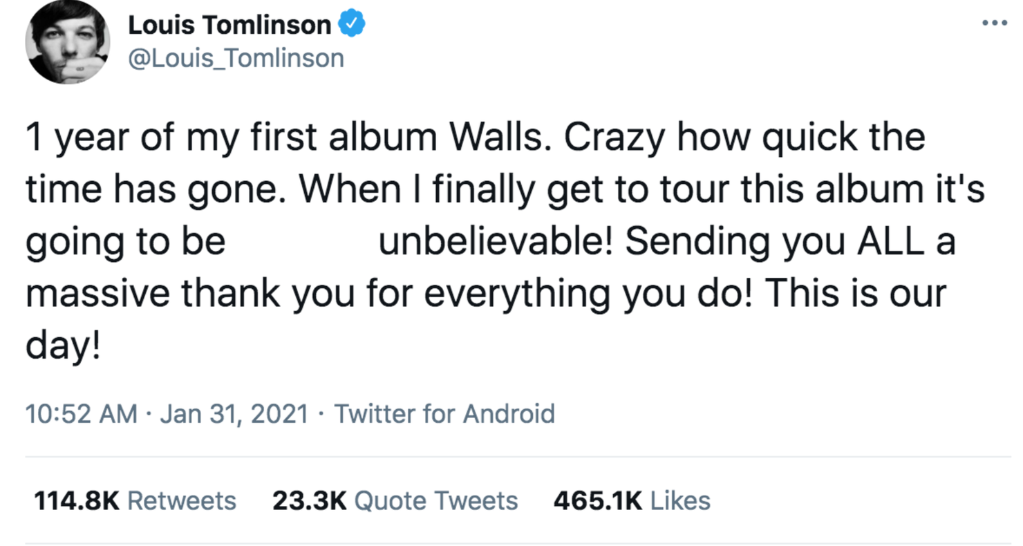 Buzzing to finally say that my debut album Walls will be out on 31st  January 2020!  By Louis Tomlinson
