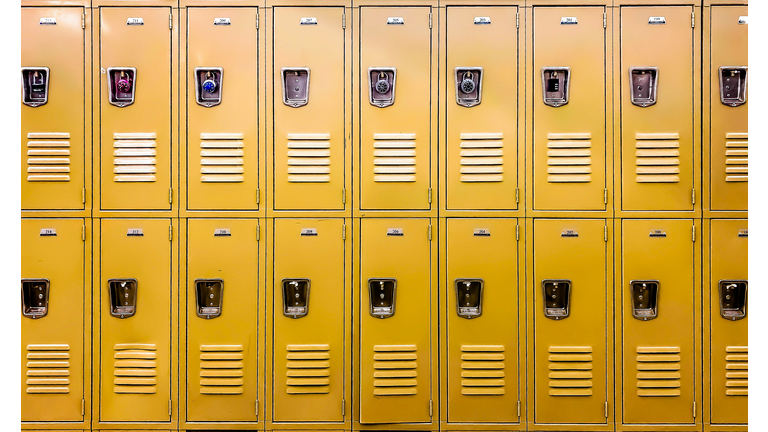 row of traditional metal school lockers