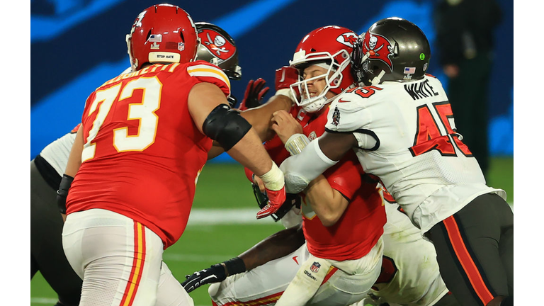 Chiefs quarterback Patrick Mahomes was harassed all night by the stifling Buccaneer defense