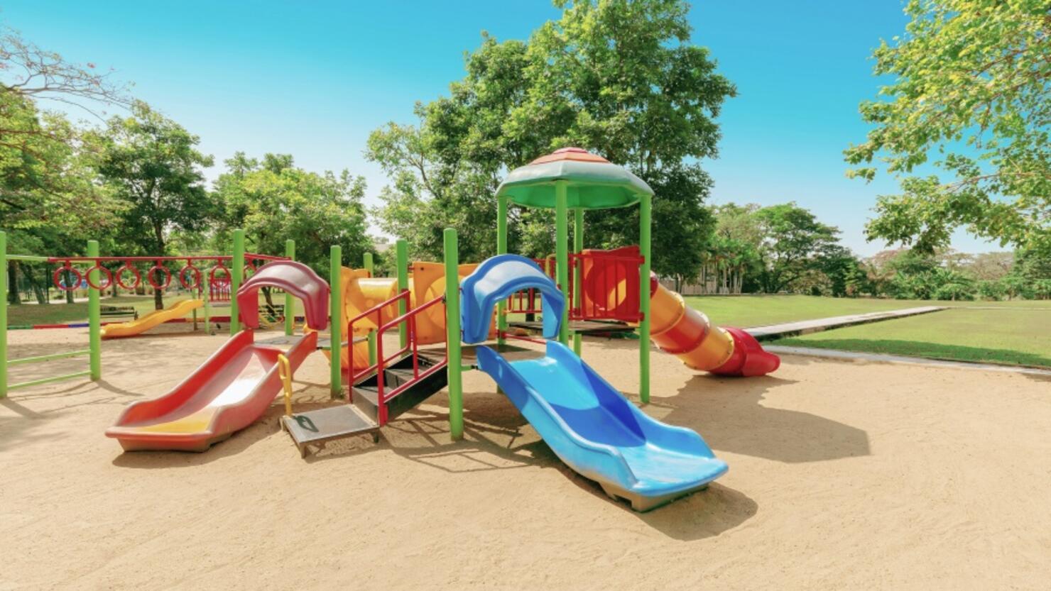 Multi Colored Jungle Gym At Playground Against Trees