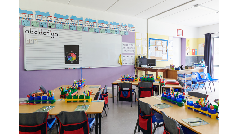 Empty Classroom In Elementary School With Whiteboard And Desks