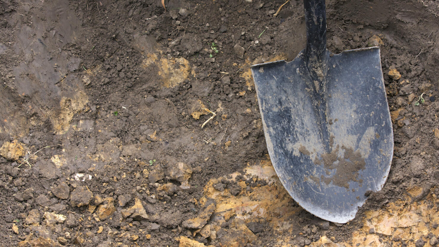 Close-up of spade shovel being used to dig a hole in soil