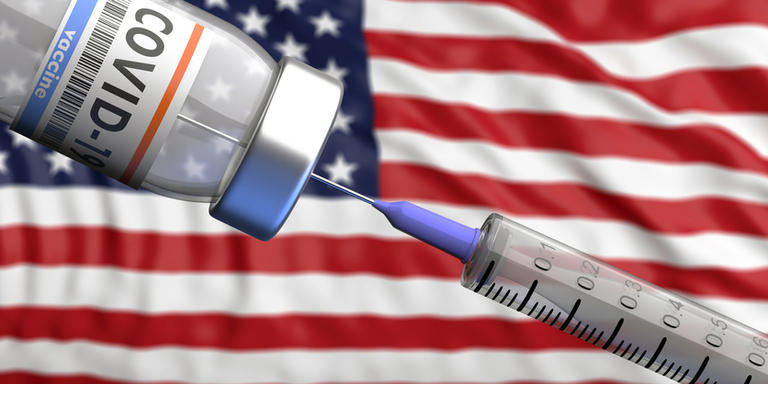 USA Coronavirus vaccine. Covid-19 vaccination, US of America flag background. 3d illustration