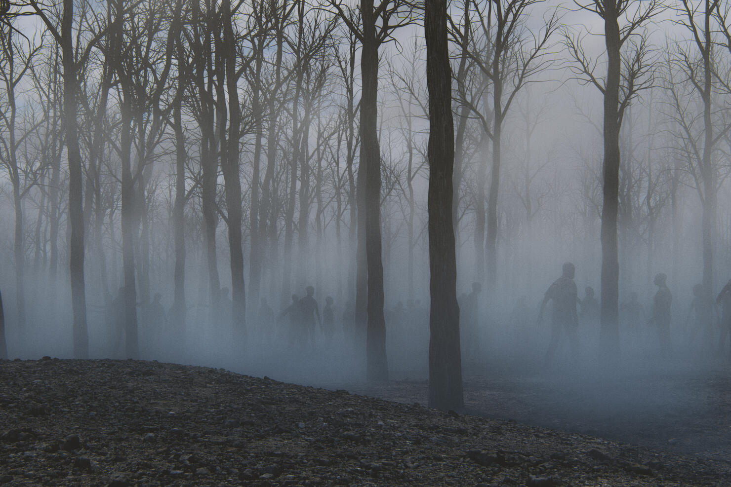 Spooky foggy forest full of walking dead zombies