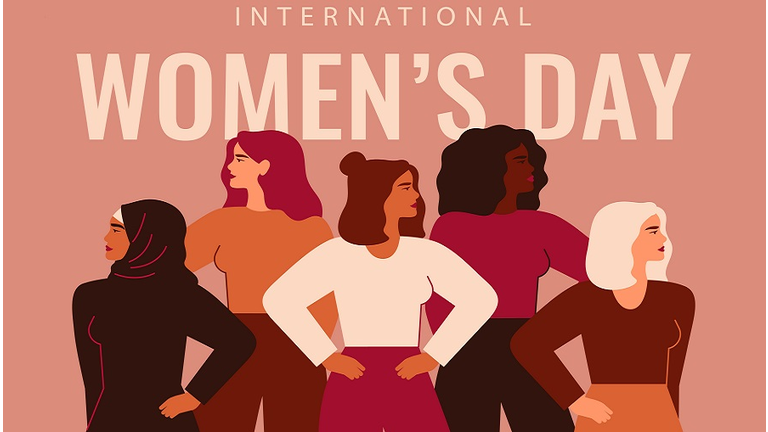 International Women's Day card with Five strong girls of different cultures and ethnicities stand together.