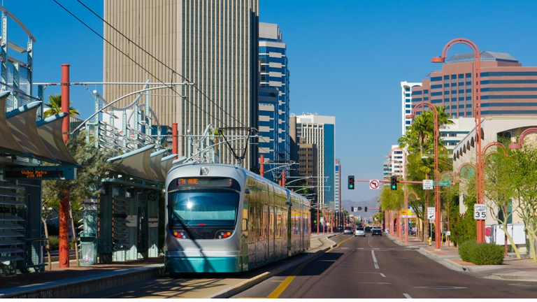 Midtown Phoenix business district and light rail train