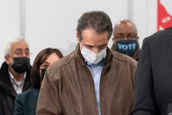 OLD WESTBURY, NEW YORK - MARCH 15: New York Governor Andrew Cuomo listens during a visit to a COVID-19 vaccination site at State University of New York on March 15, 2021 in Old Westbury, New York. The site is scheduled to open on Friday. (Photo by Mark Le