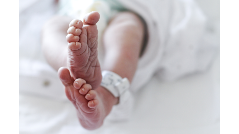 Newborn baby boy at hospital with identity tag on feet, close up