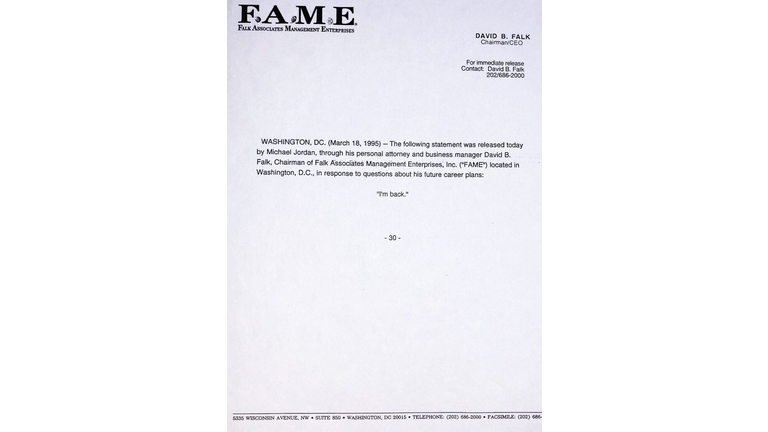 A fax machine statement released from Michael Jordan, through his agent, David Faulk at Falk Associates Management Enterprises (FAME)