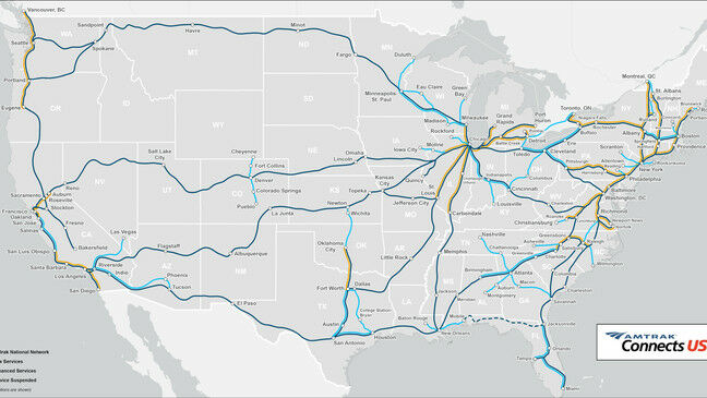 A screenshot of Amtrak's "Connects US: A Vision to Grow Rail Service Across America" map.  March 31, 2021. (Amtrak)
