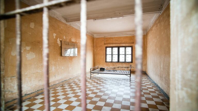 Torture Room at The Tuol Sleng Genocide Museum, S-21 Prison, Phnom Penh, Cambodia, Southeast Asia