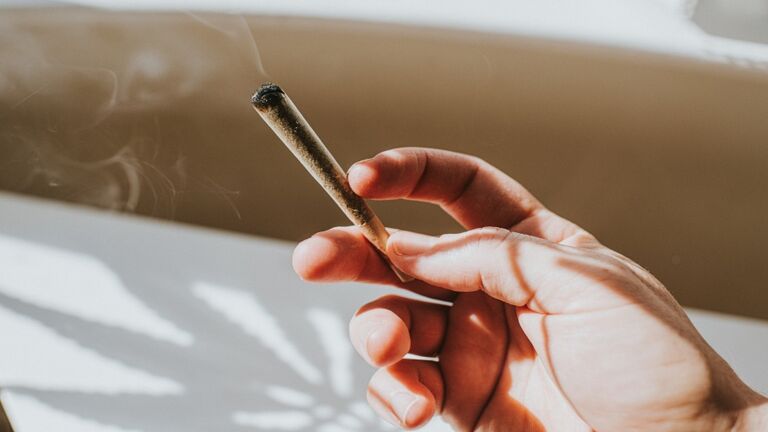Hand holding a Spliff in a sunny home environment. Cannabis plant casts a shadow onto white table.
