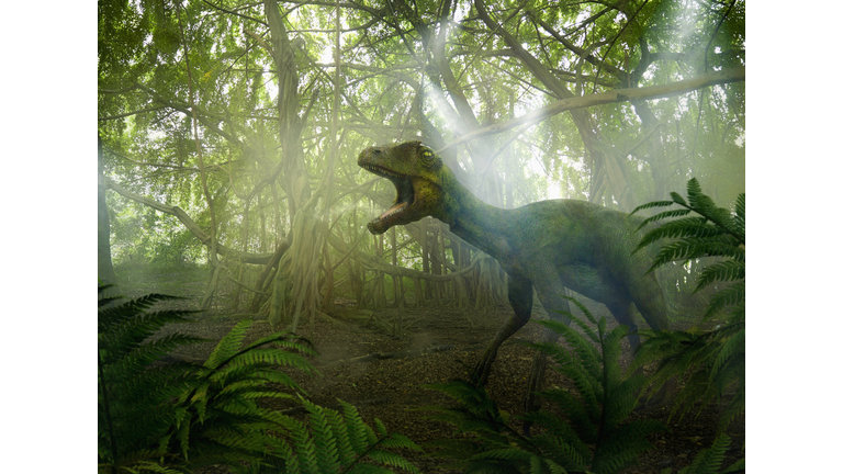 Dinosaur roaring in prehistoric jungle