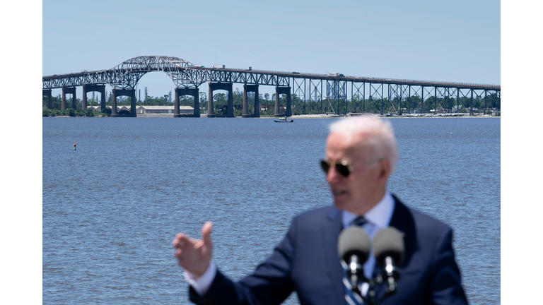 U.S. President Joe Biden speaks about infrastructure and jobs along the banks of the Calcasieu River near I-10 on May 6, 2021, in Westlake, Louisiana. (Photo by Brendan Smialowsk/AFP via Getty Images)