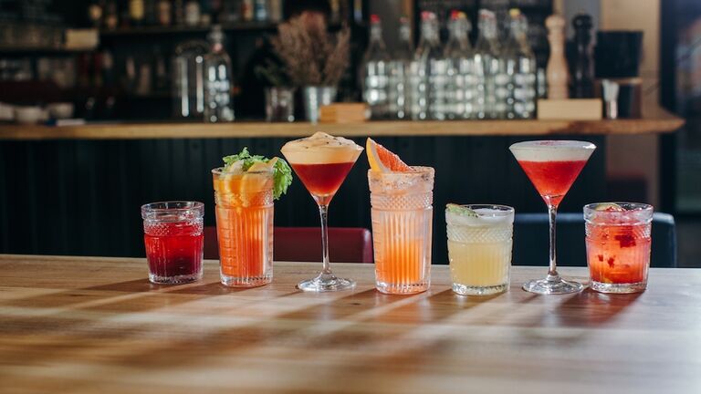 Selection of cocktails on a bar counter