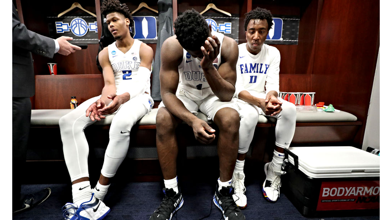 Former Duke star Zion Williamson being questioned by the media after his final collegiate game, an Elite Eight loss to Michigan State.